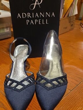 Adrianna Papell Navy Pointed-Toe Embellished Slingbacks